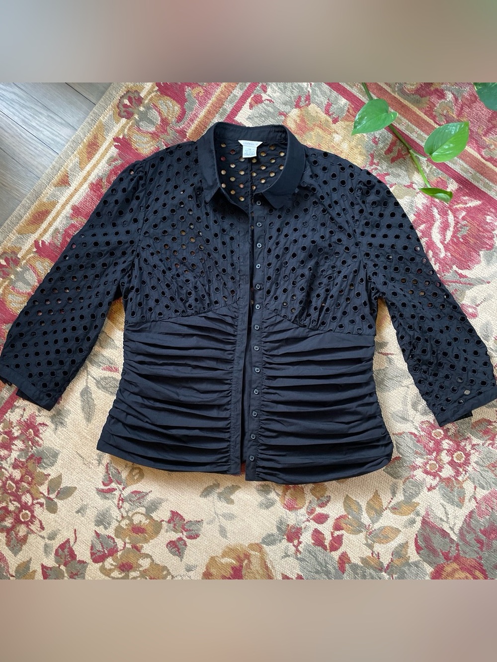 Isabela d. Black Eyelet & Ruched Button-Front Women's Jacket